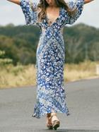 Choies Blue V-neck Floral Print Thigh Split Side Open Back Maxi Dress