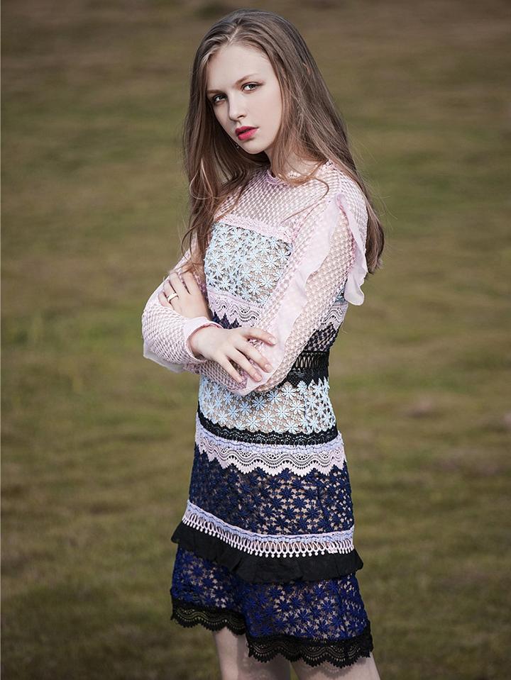 Choies Color Block Ruffle Trim Long Sleeve Guipure-lace Dress