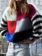 Choies Polychrome Plaid Stripe Panel Long Sleeve Chic Women Knit Sweater