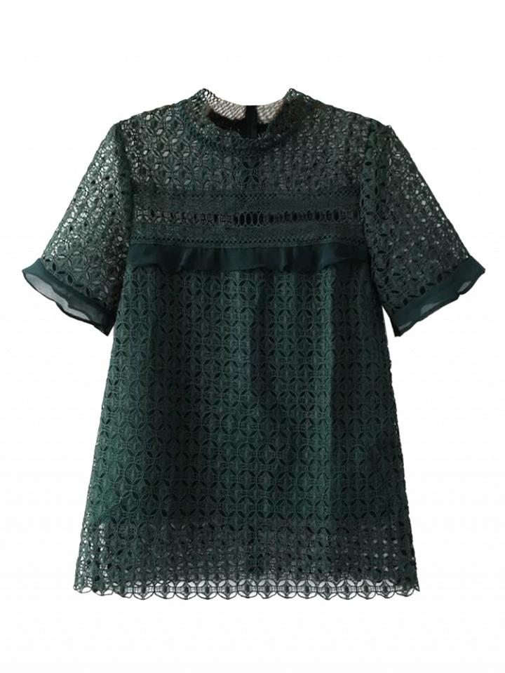 Choies Dark Green Sheer Lace Ruffle Trim Cut Out Short Sleeve Blouse