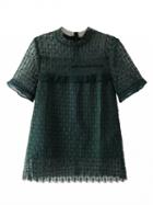 Choies Dark Green Sheer Lace Ruffle Trim Cut Out Short Sleeve Blouse