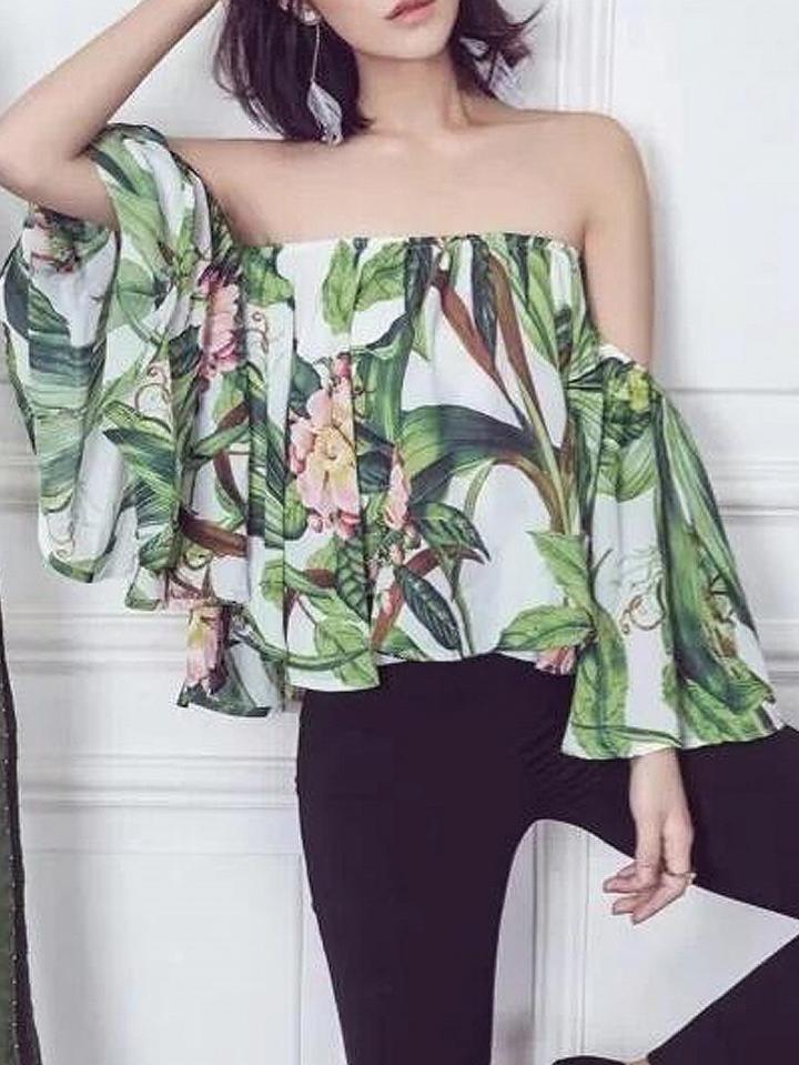 Choies Multicolor Floral Off Shoulder Flared Sleeve Blouse