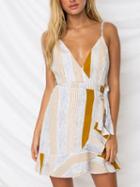 Choies Yellow Stripe V-neck Tie Waist Ruffle Trim Open Back Mini Dress