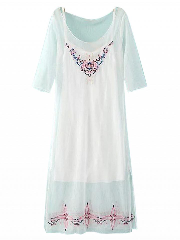 Choies White Embroidery Half Sleeve Side Split Sheer Mesh Dress And Vest