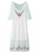 Choies White Embroidery Half Sleeve Side Split Sheer Mesh Dress And Vest