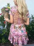 Choies Pink Floral Strap Caged Back Ruffle Hem Mini Dress