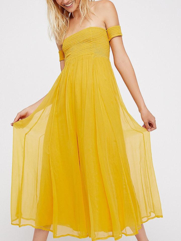 Choies Yellow Off Shoulder Lace Up Back Tassel Trim Jumpsuit