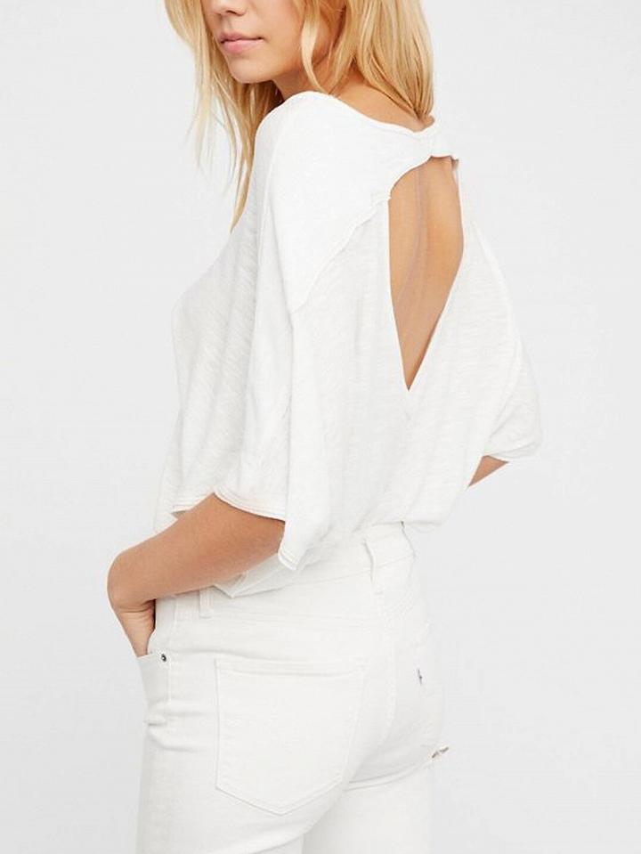 Choies White V-neck Cut Out Back Batwing Sleeve T-shirt