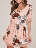 Choies Pink V-neck Floral Print Lace Panel Cut Out Detail Mini Dress