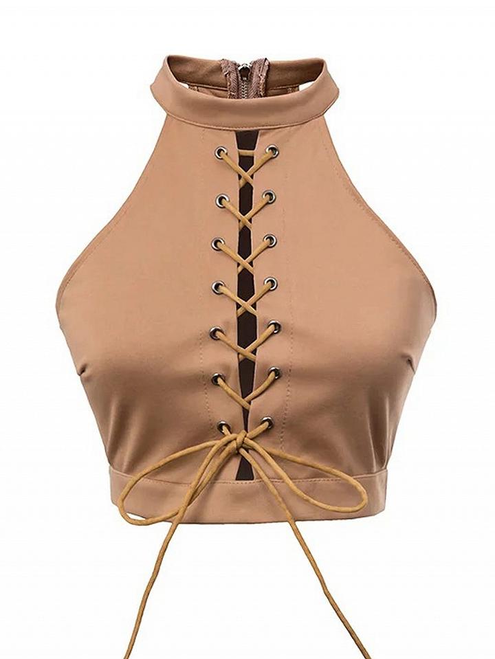 Choies Khaki High Neck Lace Up Front Crop Top