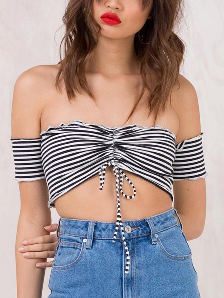 Choies Black Stripe Off Shoulder Tie Front Crop Top