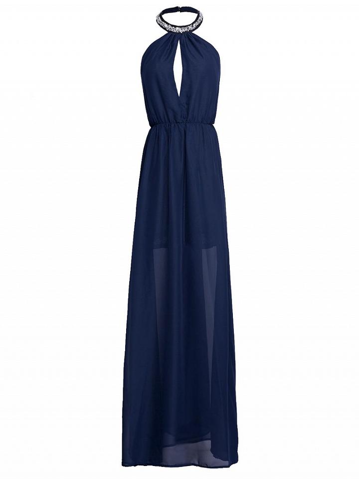 Choies Navy Halter Stone Embellished Backless Maxi Dress