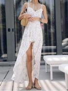 Choies White V-neck Floral Print Open Back Chic Women Cami Maxi Dress