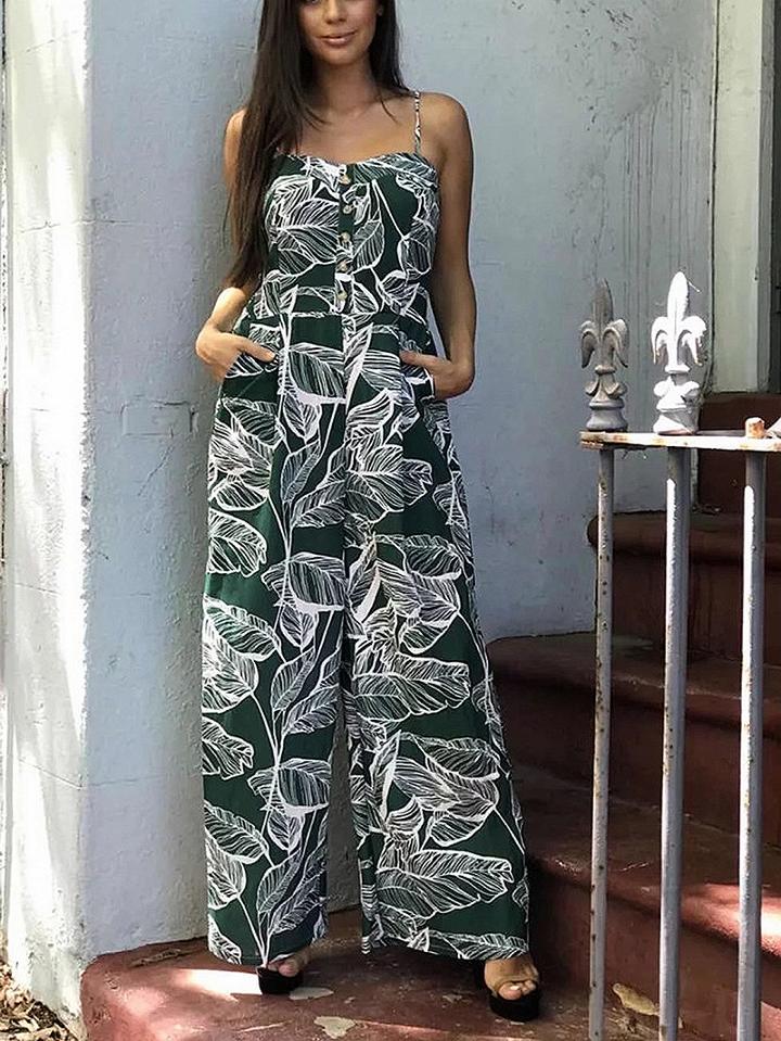 Choies Green Spaghetti Strap Leaf Print Pocket Detail Romper Jumpsuit