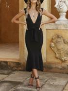 Choies Black Cotton Plunge Ruffle Hem Sleeveless Chic Women Bodycon Dress