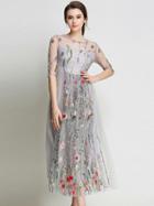 Choies Gray Embroidery Floral Sheer Mesh Midi Dress