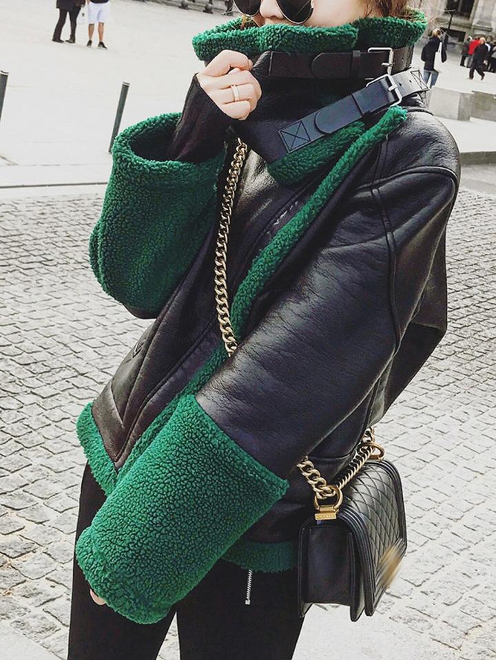 Choies Black Contrast  Faux Shearling  Lining Biker Jacket