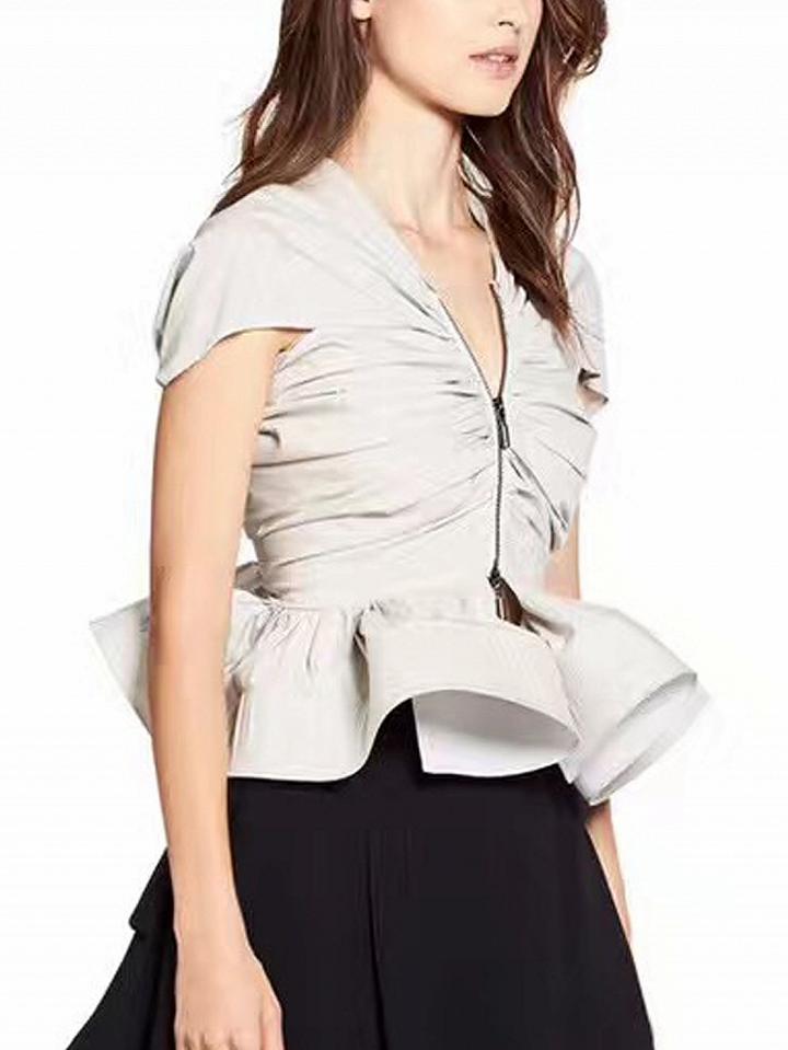 Choies Light Gray Ruched Cape Sleeve Ruffle Hem Zip Front Top