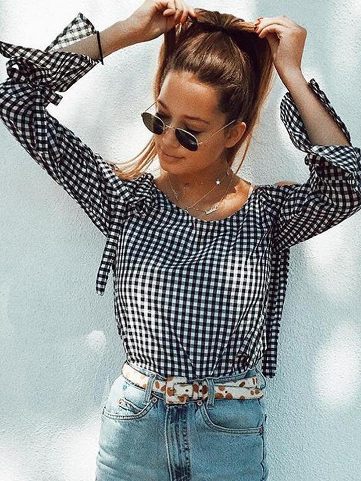 Choies Monochrome Gingham Cold Shoulder Bow Tie Long Sleeve Top