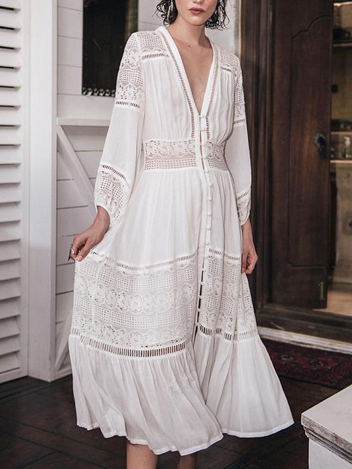 Choies White V Neck Crochet Lace Panel Button Front Maxi Dress