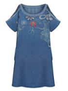 Choies Blue Embroidery Cold Shoulder Denim Shift Dress