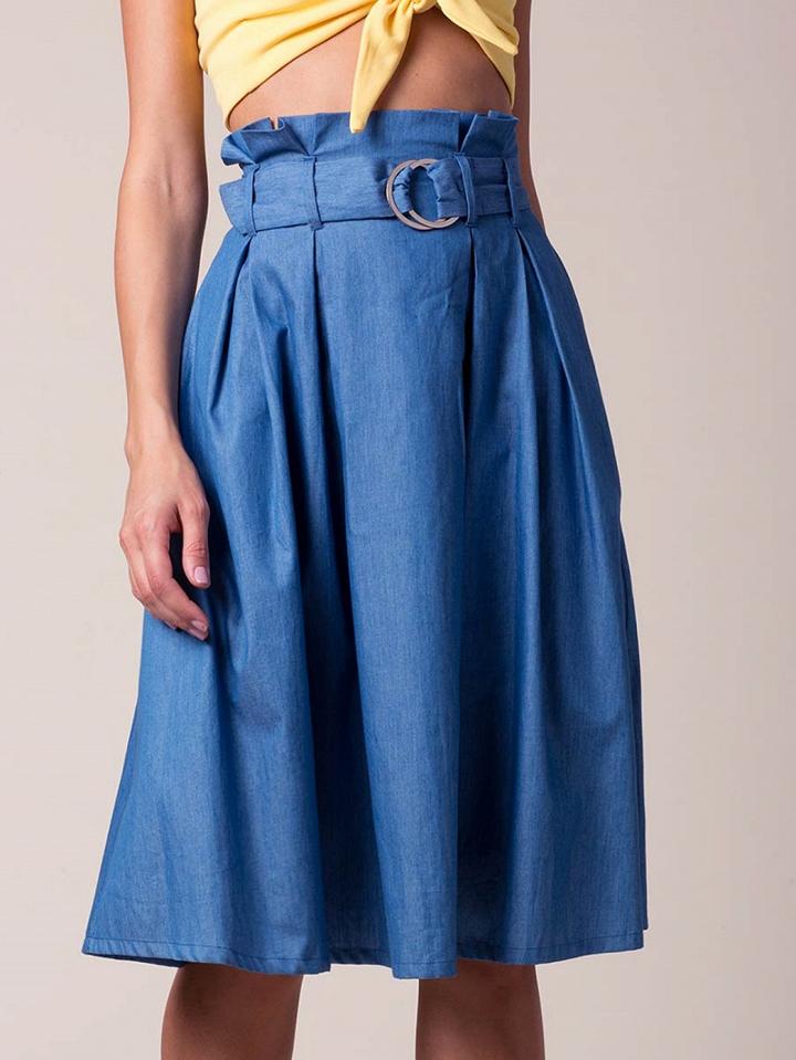 Choies Blue High Waist Buckle Belt Waist Chic Women Denim Skirt