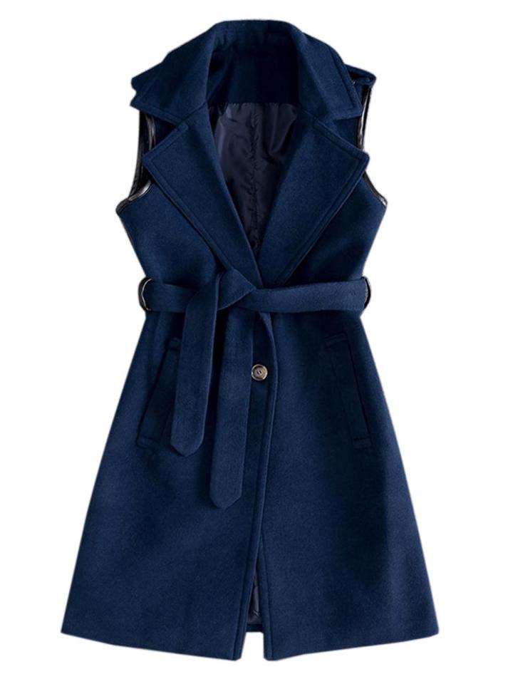 Choies Dark Blue Sleeveless Lapel Wool Trench Coat