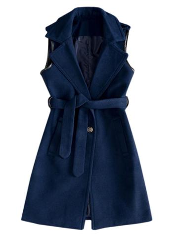 Choies Dark Blue Sleeveless Lapel Wool Trench Coat