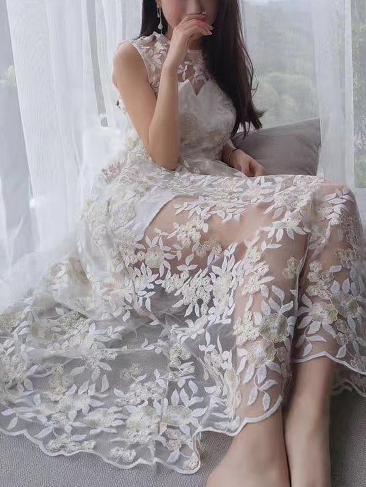 Choies White Sheer Mesh Embroidery Sleeveless Midi Dress