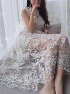 Choies White Sheer Mesh Embroidery Sleeveless Midi Dress