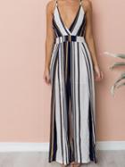 Choies Black Stripe V-neck Open Back Chic Women Cami Romper Jumpsuit