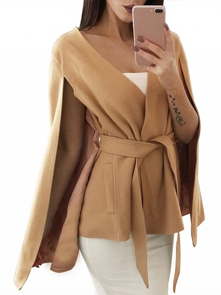 Choies Camel Tie Waist Wool Blend Poncho Coat