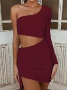 Choies Burgundy One Shoulder Long Sleeve Chic Women Bodycon Mini Dress