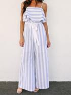 Choies Blue Stripe Cotton Spaghetti Strap Ruffle Trim Chic Women Jumpsuit