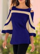Choies Blue Cold Shoulder Flare Sleeve T-shirt
