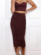 Choies Burgundy Faux Suede High Waist Lace Up Front Split Back Skirt