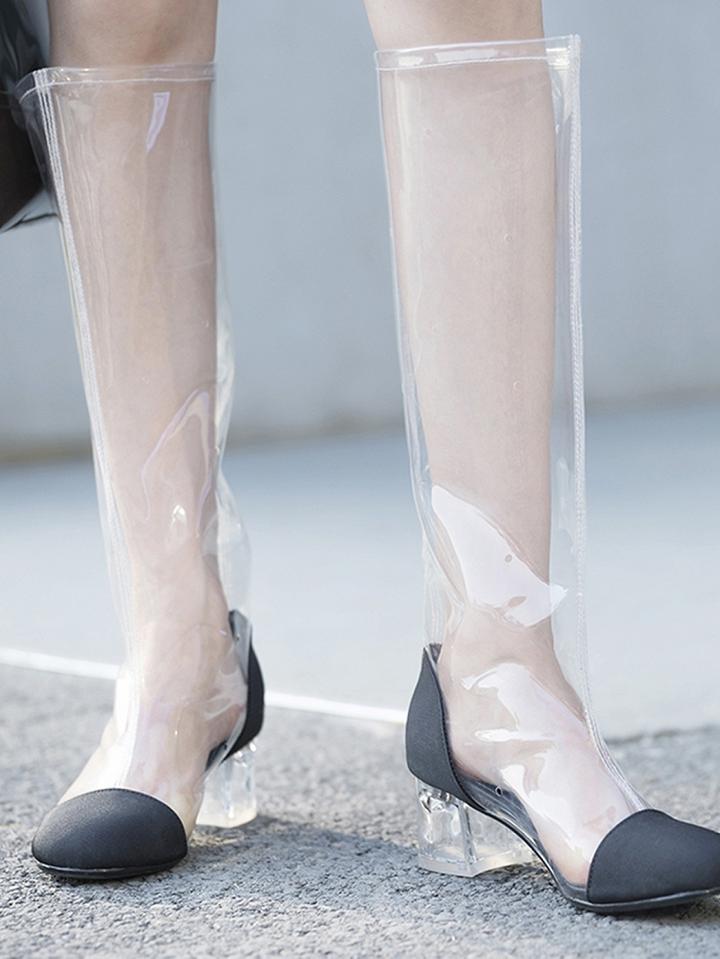 Choies Black Crystal Heel Transparent Chic Women Round Head Combat Boots