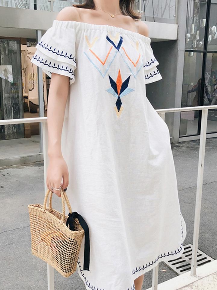 Choies White Cotton Off Shoulder Geo Pattern Embroidery Chic Women Midi Dress