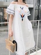 Choies White Cotton Off Shoulder Geo Pattern Embroidery Chic Women Midi Dress