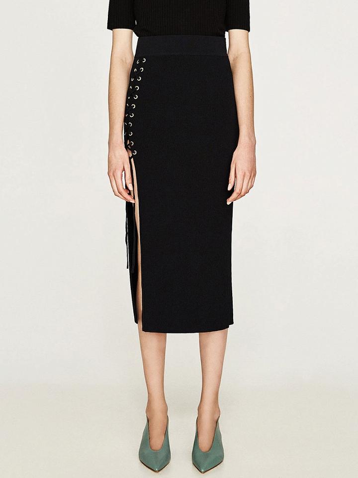 Choies Black High Waist Lace Up Side Split Ribbed Midi Skirt