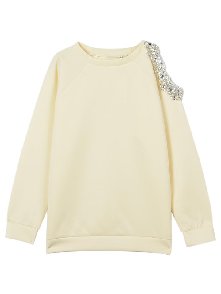 Choies Beige Rhinestone Embellished Cold Shoulder Sweatshirt
