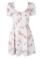 Choies White V-neck Short Sleeve Floral Chiffon Dress