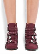 Choies Burgundy Suede Studded Buckle Ankle Boots