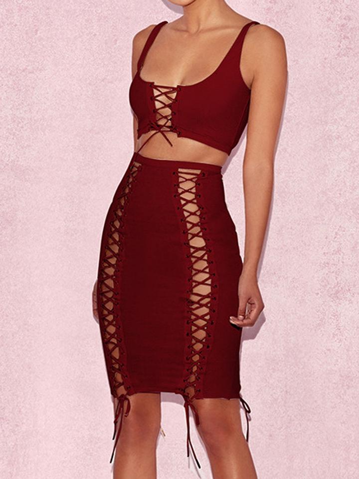 Choies Burgundy Ribbed Eyelet Lace Up Tank Crop Top And Bodycon Skirt