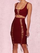 Choies Burgundy Ribbed Eyelet Lace Up Tank Crop Top And Bodycon Skirt