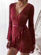 Choies Burgundy V-neck Tie Waist Flare Sleeve Chic Women Lace Mini Dress