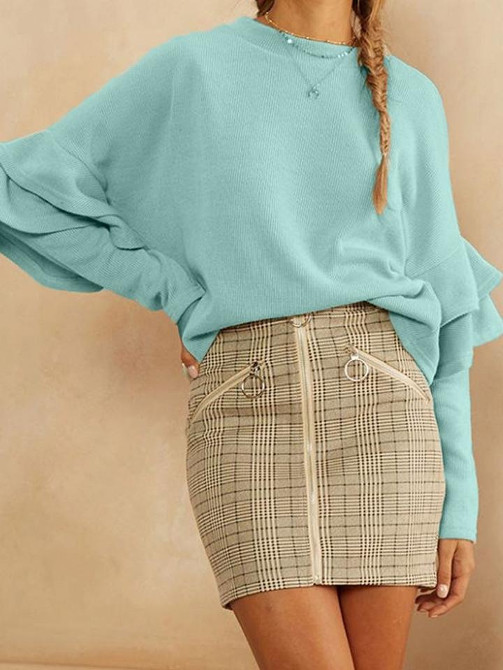 Choies Blue Layered Ruffle Trim Long Sleeve Chic Women Knit Sweater