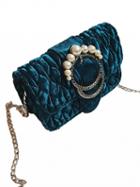 Choies Blue Velvet Quilted Pearl Embellished Chain Shoulder Bag