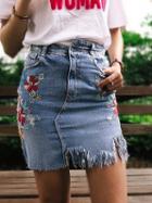 Choies Light Blue High Waist Embroidery Detail Raw Trim Denim Skirt