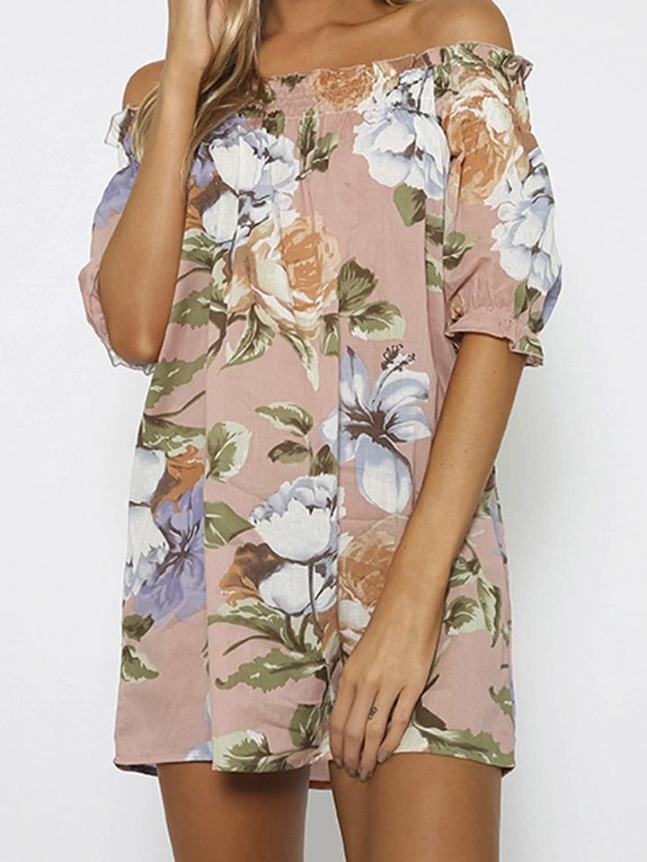 Choies Pink Off Shoulder Floral Print Short Sleeve Dress